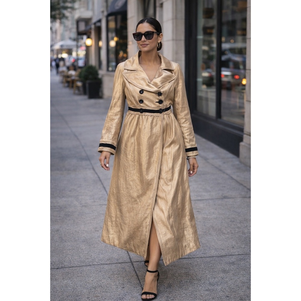 To The Max Long Champagne Gold Coat Jacket Black Trim Double Breasted‎ size S